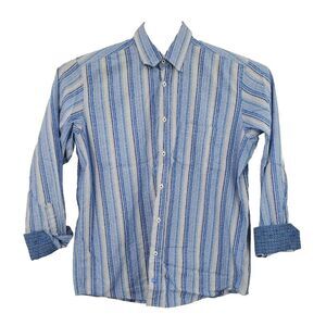 Bugatchi Flip Cuff Button Down Shirt Blue Striped Crackle Look Men's Size Large